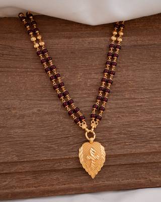 Maroon beads LONG necklace with golden cross in leaf pendant one gram gold 1