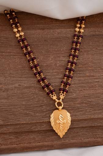Maroon beads LONG necklace with golden cross in leaf pendant one gram gold