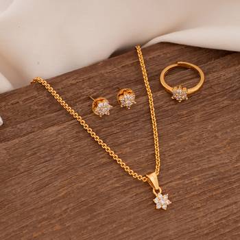 Golden diamond pendant SHORT necklace earrings and finger ring set one gram gold 1