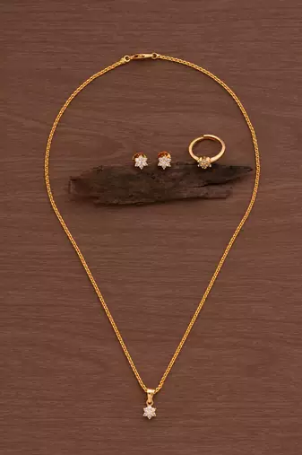 Golden diamond pendant SHORT necklace earrings and finger ring set one gram gold