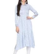 Light-aqua-blue printed satin ethnic-kurtis