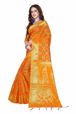 Mustard woven kanchipuram silk saree with blouse 2