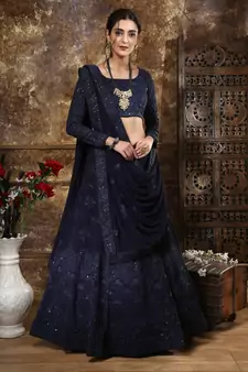 Navy Blue Colored Thread and Sequins Embroidered Semi Stitched lehenga