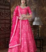 Pink Thread Embroidery Silk Semi Stitched bridal lehenga