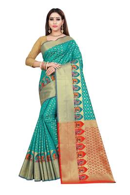 Turquoise woven kanchipuram silk saree with blouse 1