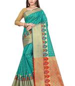 Turquoise woven kanchipuram silk saree with blouse
