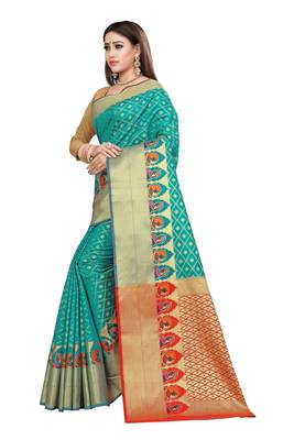 Turquoise woven kanchipuram silk saree with blouse 2