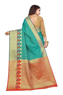 Turquoise woven kanchipuram silk saree with blouse 3