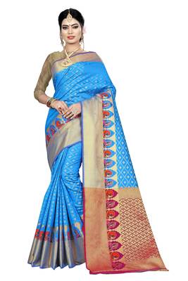 Light blue woven kanchipuram silk saree with blouse 1
