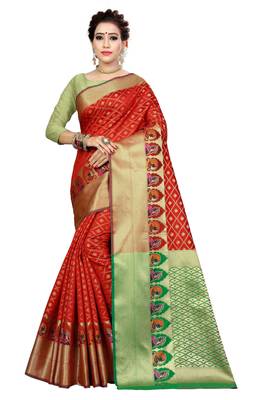 Red woven kanchipuram silk saree with blouse 1