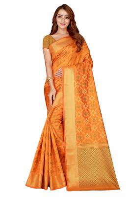 Mustard woven kanchipuram silk saree with blouse 1