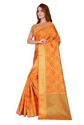 Mustard woven kanchipuram silk saree with blouse 2