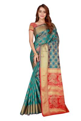 Teal woven kanchipuram silk saree with blouse 1