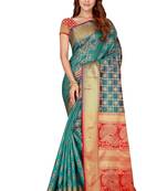 Teal woven kanchipuram silk saree with blouse