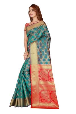Teal woven kanchipuram silk saree with blouse 2