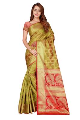 Olive woven kanchipuram silk saree with blouse 1