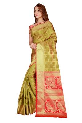 Olive woven kanchipuram silk saree with blouse 2