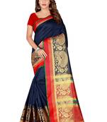 Navy blue woven poly silk saree with blouse