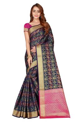 Navy blue woven kanchipuram silk saree with blouse 1
