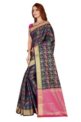 Navy blue woven kanchipuram silk saree with blouse 2