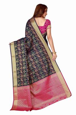 Navy blue woven kanchipuram silk saree with blouse 3