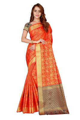 Orange woven kanchipuram silk saree with blouse 1