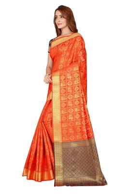 Orange woven kanchipuram silk saree with blouse 2