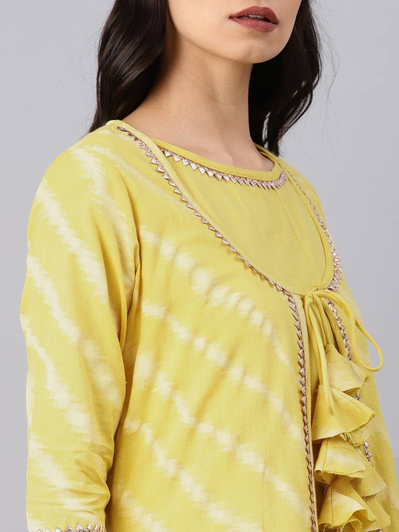Yellow embroidered Cotton kurti