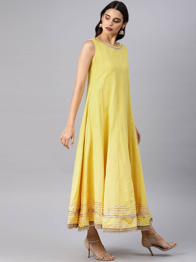 Yellow embroidered Cotton kurti