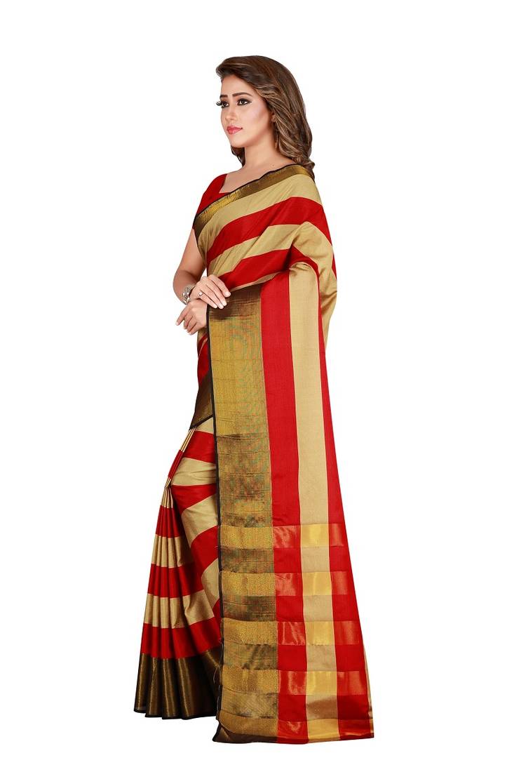 Red woven cotton saree with blouse