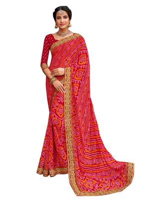 Pink embroidered georgette saree with blouse 1
