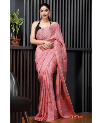 Punch Pink Linen Saree With Thread Work 1
