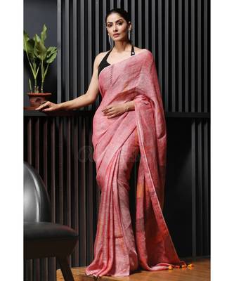 Punch Pink Linen Saree With Thread Work 2