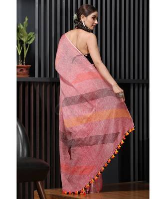 Punch Pink Linen Saree With Thread Work 3