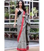 Ash Grey Cotton Gheecha Saree With Red And Black Border