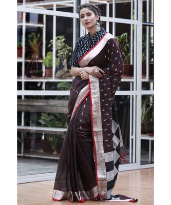 Deep Purple Linen Saree With Threadwork And Checkered Pallu 1