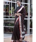 Deep Purple Linen Saree With Threadwork And Checkered Pallu