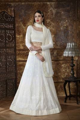 Off White Thread Embroidery Georgette Semi Stitched bridal lehenga 3