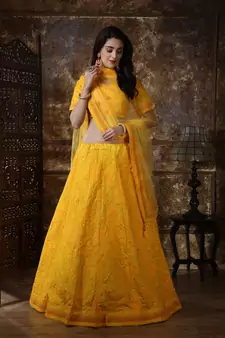 Yellow Thread Embroidery Silk Semi Stitched bridal lehenga
