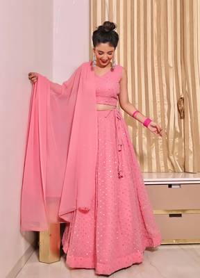 Light Pink sequins and Thread Embroidered Georgette Semi Stitched bridal lehenga 1