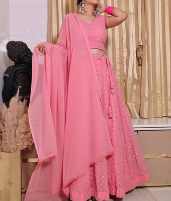 Light Pink sequins and Thread Embroidered Georgette Semi Stitched bridal lehenga 2