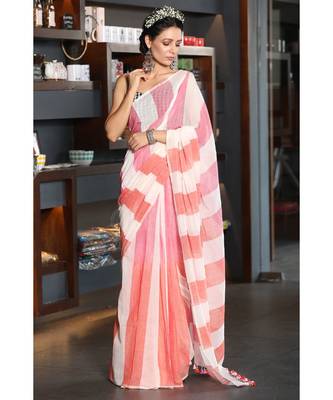 OFFWHITE COTTON SAREE WITH PINK AND orange OMBRE STRIPES 1