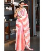 OFFWHITE COTTON SAREE WITH PINK AND orange OMBRE STRIPES