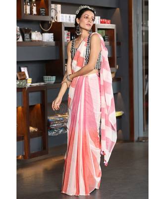 OFFWHITE COTTON SAREE WITH PINK AND orange OMBRE STRIPES 2