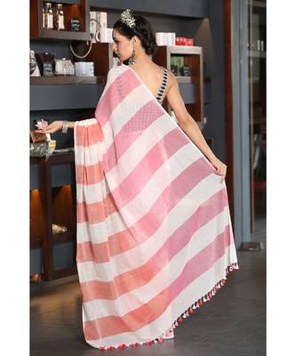 OFFWHITE COTTON SAREE WITH PINK AND orange OMBRE STRIPES 3
