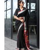 Black Linen Saree With Geometric Design Pallu