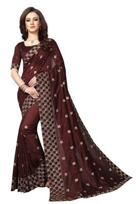 Brown embroidered silk saree with blouse 1