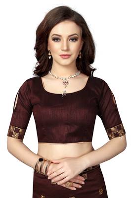 Brown embroidered silk saree with blouse 4
