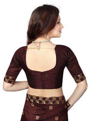 Brown embroidered silk saree with blouse 5