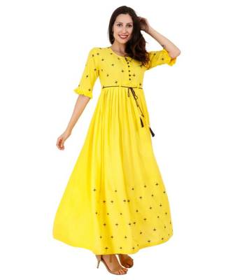 Rayon Yellow Straight Embroidered With Lanyard Kurta 2